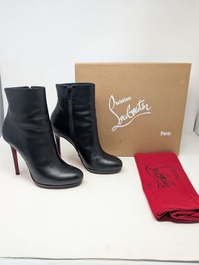 Christian Louboutin Bootylili 120 Black Leather Ankle Boots Stiletto Size 39.5